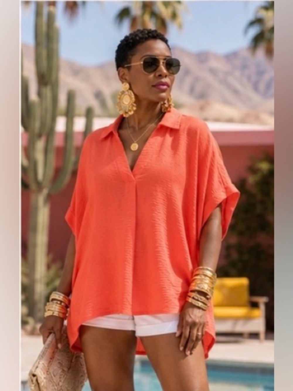 Zenana Top V-Neck Short Sleeve Tunic 🪸Sunset Breeze